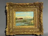 une peinture à l'huile représentant un bateau sur une rivière, avec une grange en arrière-plan