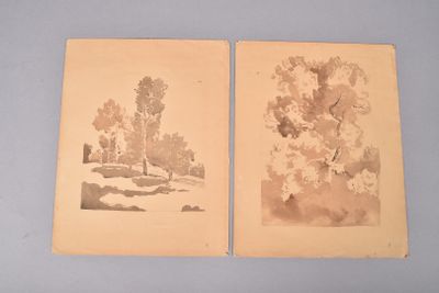 paire d'aquarelles anciennes représentant des arbres et un ruisseau