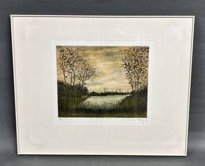 an image of a painting of a landscape with trees and a body of water
