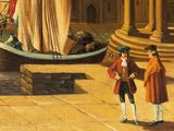 a painting of two men standing in front of a boat