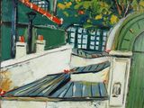 an oil painting of a building with a green door and green shutters