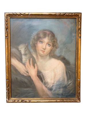 tableau représentant une femme tenant un chien dans ses bras