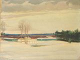 une peinture à l'huile représentant un paysage enneigé avec des arbres et une grange au loin