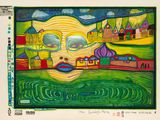 peinture abstraite représentant un visage avec un village en arrière-plan