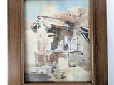 peinture représentant une maison à ossature bois sur un mur blanc