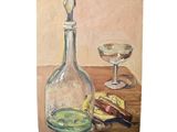 a painting of a bottle and a glass on a table