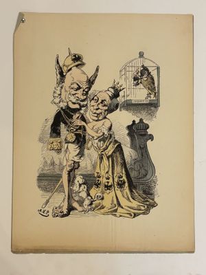 an image of a drawing of a man and a woman with a bird cage in the background