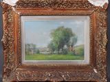 une peinture à l'huile représentant un champ avec des arbres et une maison au loin