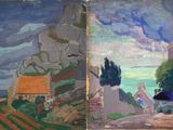 peinture représentant une vue d'un village et une vue sur l'océan