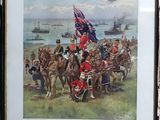 painting of a group of men on horses with a flag flying above them