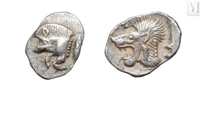 two ancient silver coins with a lion head and a lion ' s head