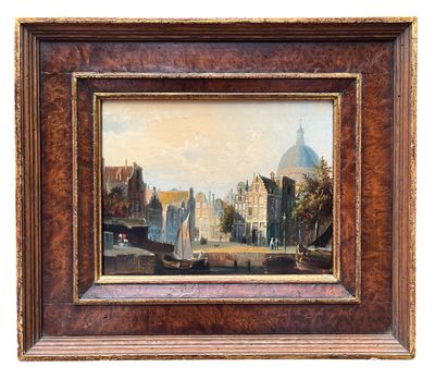 a painting of a view of a city with a church in the background