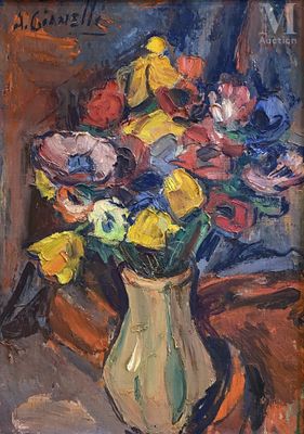 une peinture de fleurs dans un vase sur une table