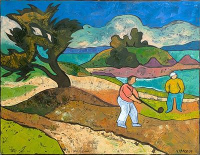 tableau représentant un homme et une femme jouant au golf par une journée ensoleillée