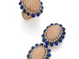 a pair of coral, sapphire and diamond ear clips