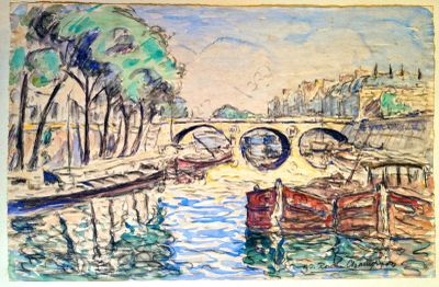 peinture représentant des bateaux dans un port, avec un pont en arrière-plan