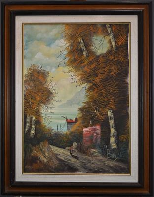 BALDI (XXème) - Chaumière dans les bois au bord d'un lac Hui…