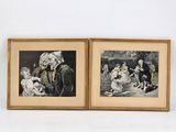 two framed pictures of a couple of people sitting on a bench