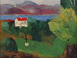 an image of a painting of a house on a hill by the water