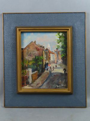 peinture à l'huile encadrée représentant une scène de rue avec des passants marchant dans la rue