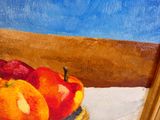 painting of a bowl of apples and oranges sitting on a table