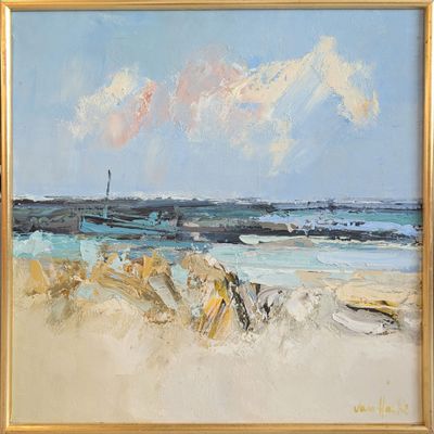 an oil painting of a beach scene with a sailboat in the distance