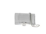 grey crocodile embossed leather clutch bag with chain strap