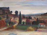 une peinture à l'huile représentant un paysage de village avec une colline au loin