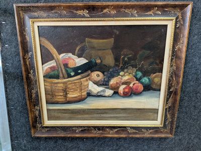 a painting of a basket of fruit on a table