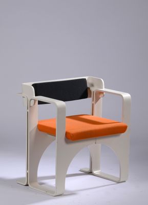 an orange and white chair with a black seat on a grey background