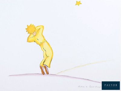 painting of a little boy in a yellow raincoat is looking up at the stars