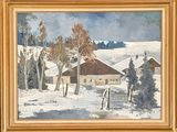 an image of a painting of a farm in the snow