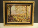 an oil painting of a landscape with trees in a gold frame