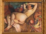 an oil painting of a nude woman laying on a couch with fruit