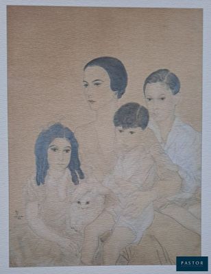 tableau représentant une femme et deux enfants, avec un chien devant eux