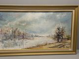 une peinture d'un paysage enneigé avec des arbres au premier plan