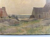 tableau représentant une scène de vie à la ferme, avec une grange et des moutons au premier plan