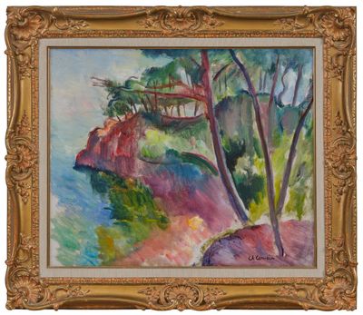 un tableau représentant un pont enjambant une rivière, avec des arbres au premier plan
