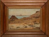 an image of a painting of a beach scene with rocks in the foreground