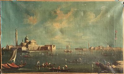 tableau représentant une vue de Venise, avec des bateaux au premier plan et une église à l'arrière-plan