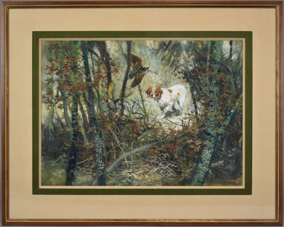 tableau représentant deux chiens dans un environnement boisé, avec des arbres et des buissons