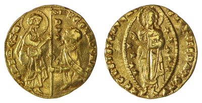 une pièce d'or portant l'image d'une femme et d'un homme