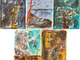 four paintings of different colors and sizes are shown on a white surface