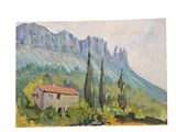 une peinture à l'huile représentant un paysage de montagne avec une maison au premier plan et des arbres au premier plan