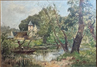 une peinture représentant un bateau sur l'eau près d'une maison