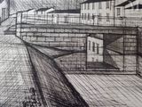 pencil drawing of a street scene with buildings and a person on a bike