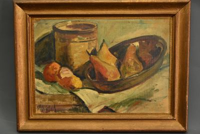 une peinture à l'huile représentant un bol de fruits et un bocal posés sur une table