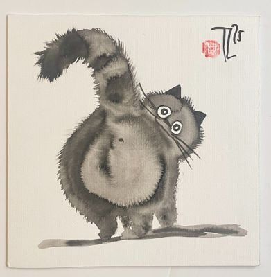 a painting of a cat that is on the wall