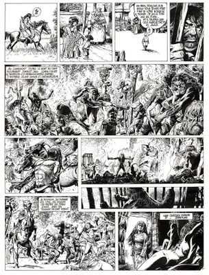 une page en noir et blanc tirée d'une bande dessinée, sur laquelle figure l'image d'un homme à cheval