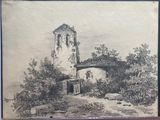 drawing of a church with a tower in the middle of a field